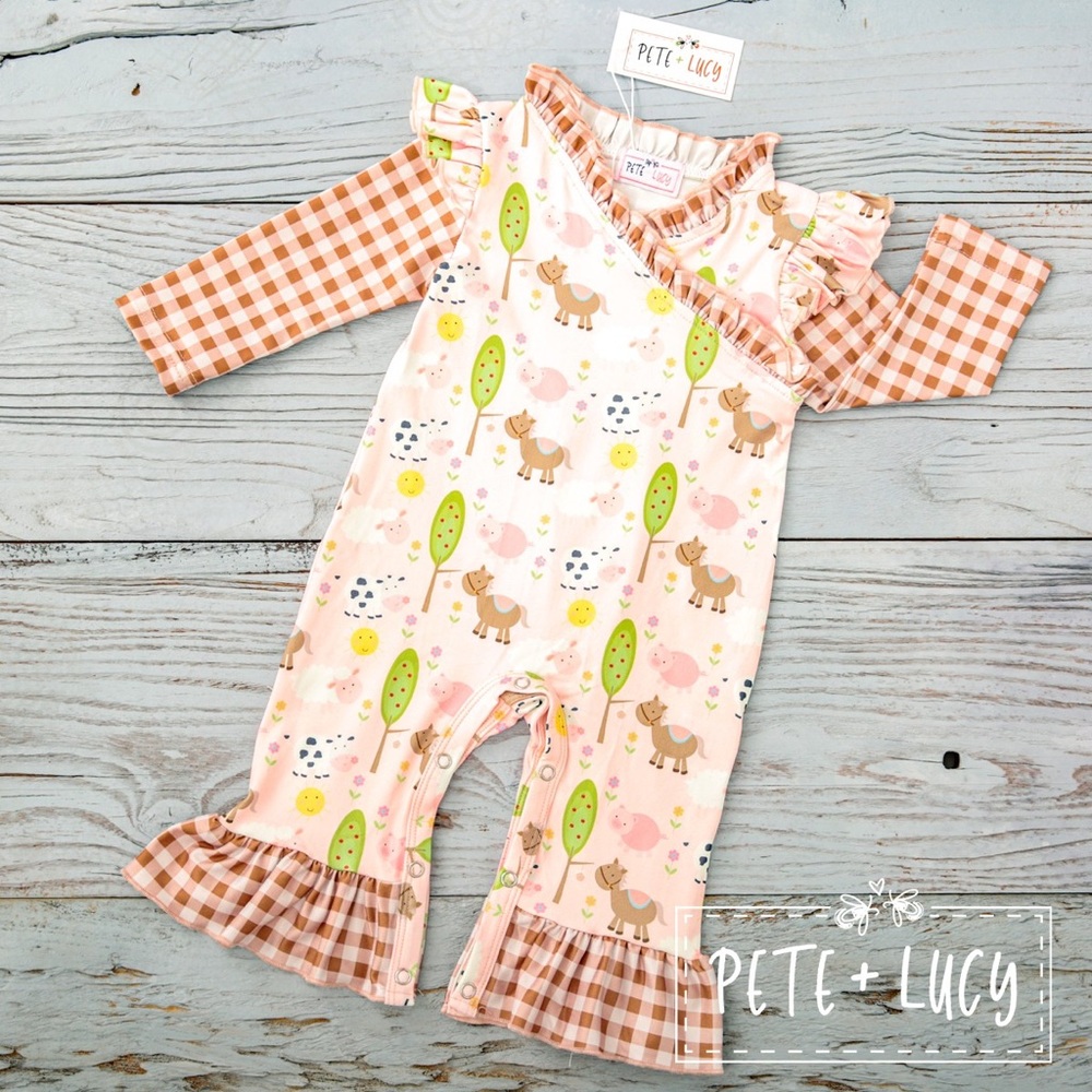 Pete + Lucy Baby Romper with Ruffle Details down in the farm